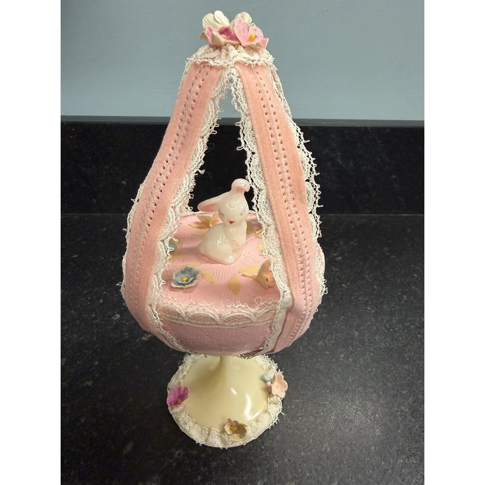 Vintage Easter Bunny Diorama Velvet Lace Pedestal Display 7.5" Pink
